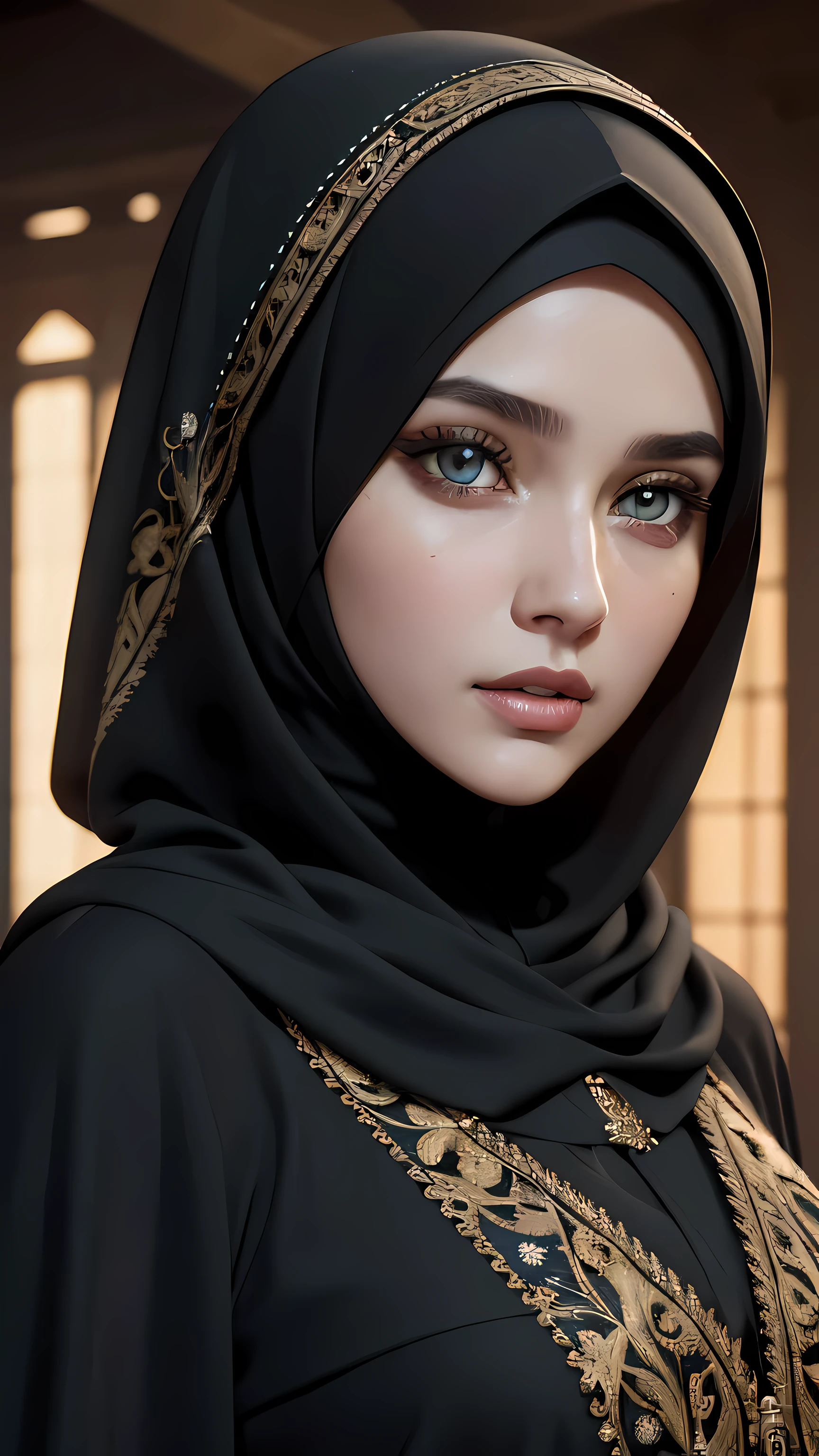 (RAW style, masterpiece, best quality, ultra-detailed) closed-up view , a beautiful hijab woman ((beautiful eyes)) wearing abaya , exquisite image boasts an ultra-realistic and ultra-detailed representation, with intricate details that capture the depth and nuance of every feature. The depth of field is expertly rendered, adding a sense of dimension and texture to the scene. Octane renders bring out the ultra-definition in the (skin texture, film grain), imbuing the image with a cinematic feel that is further enhanced by the cinematic light, which bathes the girl's face in sidelighting. The ultra high