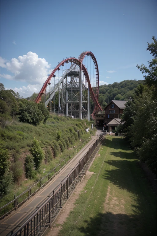 The scene should show the roller coaster slowly climbing a steep incline.