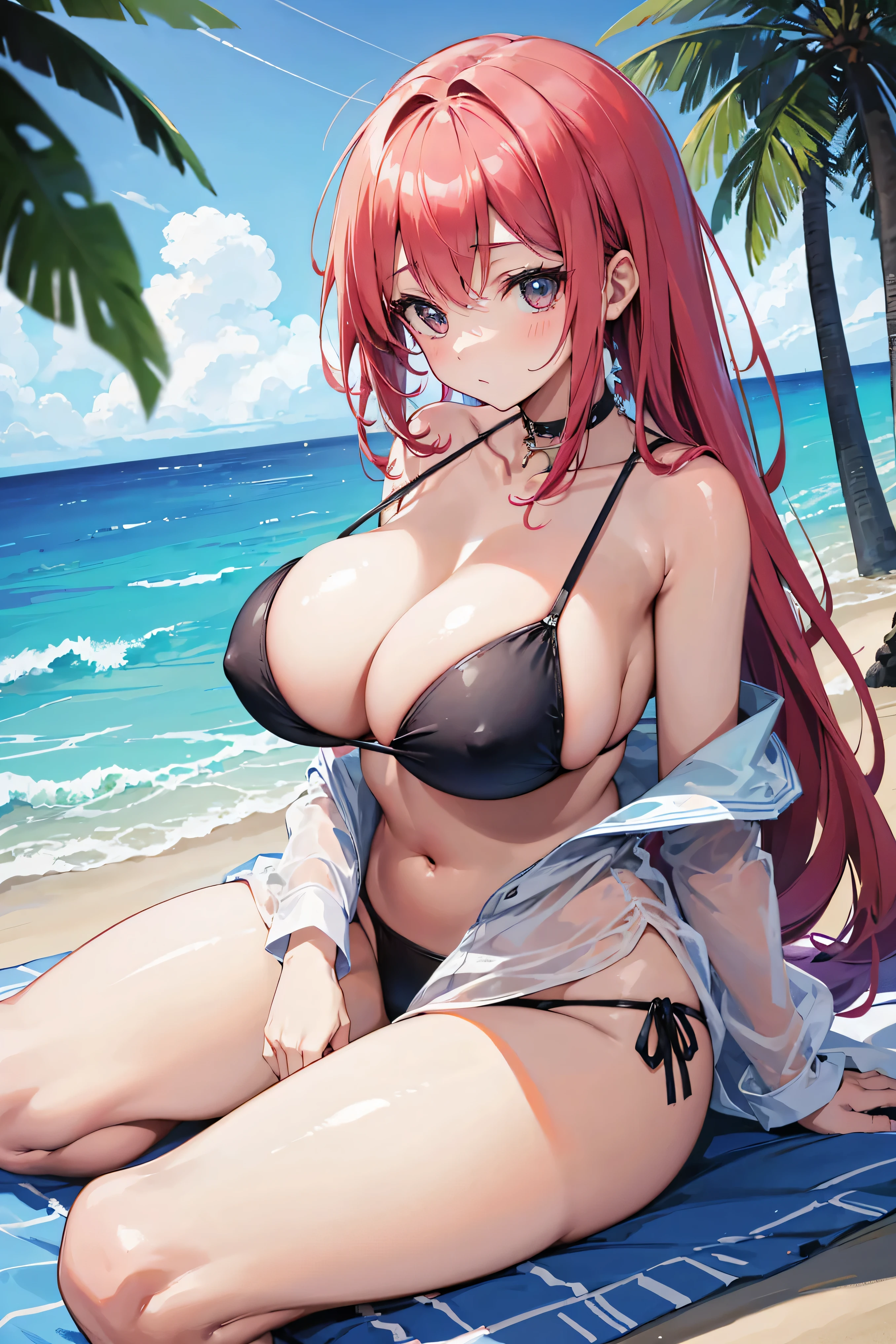 a close up of a woman in a bikini sitting on a beach, oppai, at a beach, with a large breasts, large breasts,