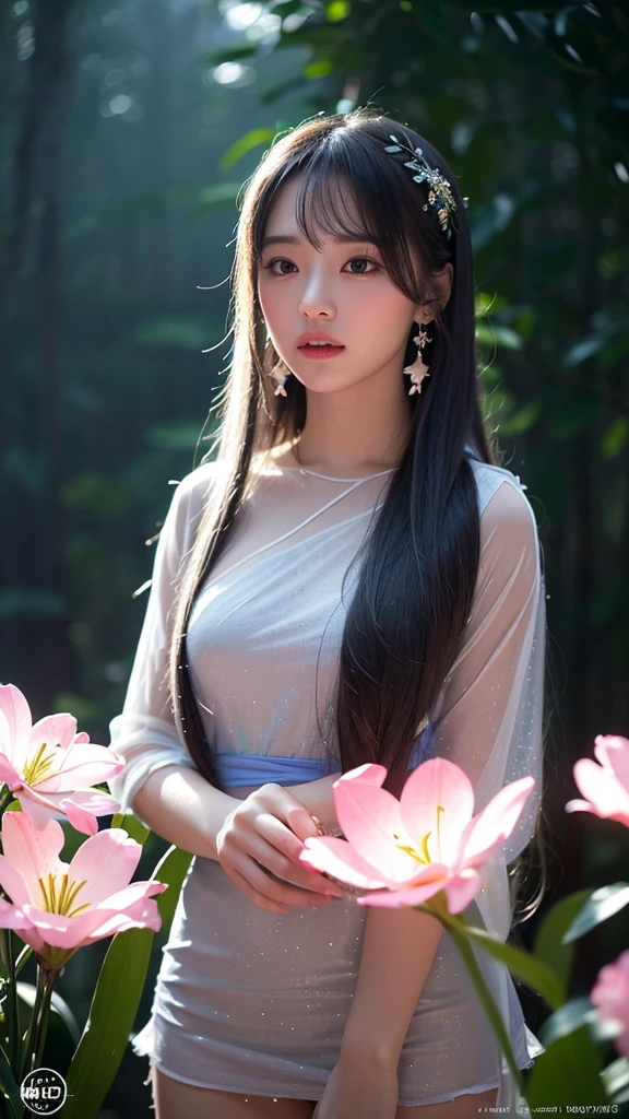 Beautiful realistic girl with BRIGHT WHITE-BLUE long hair ,Close-up of clean skin with detailed skin ,full length,in a short miniskirt,on an orange background ,Against the background of the starry sky,bright makeup,EARRINGS WITH GLITTERS,two-leaf gray flower,translucent speckled bifoliate gray,Bioluminescent - Ultra High Quality 8K Music Equalizer, High contrast, rich colors, soft light, Super detailed photos. ultra high quality 8K, High contrast, noise reduction, яркие rich colors.. high quality, 8K Ultra HD, High contrasthigh quality,мягкие close focus,very beautiful flower, translucent red lily of the valley with dew drop flower, bioluminescent flower glows and shimmers, he grows in a mysterious forest, shrouded in mystery, Сверхhigh quality 8k, High contrast, rich colors, soft light, Ultra-detailed photos. Сверхhigh quality 8k, High contrast, noise reduction, bright rich colors.. high quality, 8K Ultra HD, High contrast
