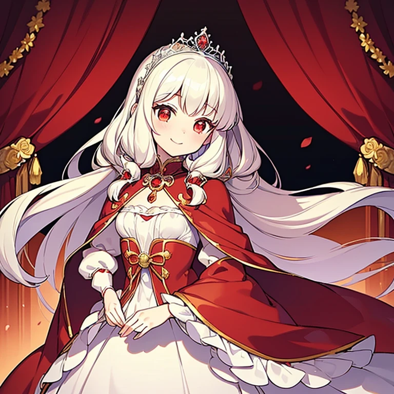 (best quality),(ultra detailed), upper body, beautiful anime art style, rococo style,(long train red cape), very long cape,(long train white ball gown with flower decorations), a girl is wearing a cape over her ball gown, 1 little princess, tiara, small breasts, smile, very long hair