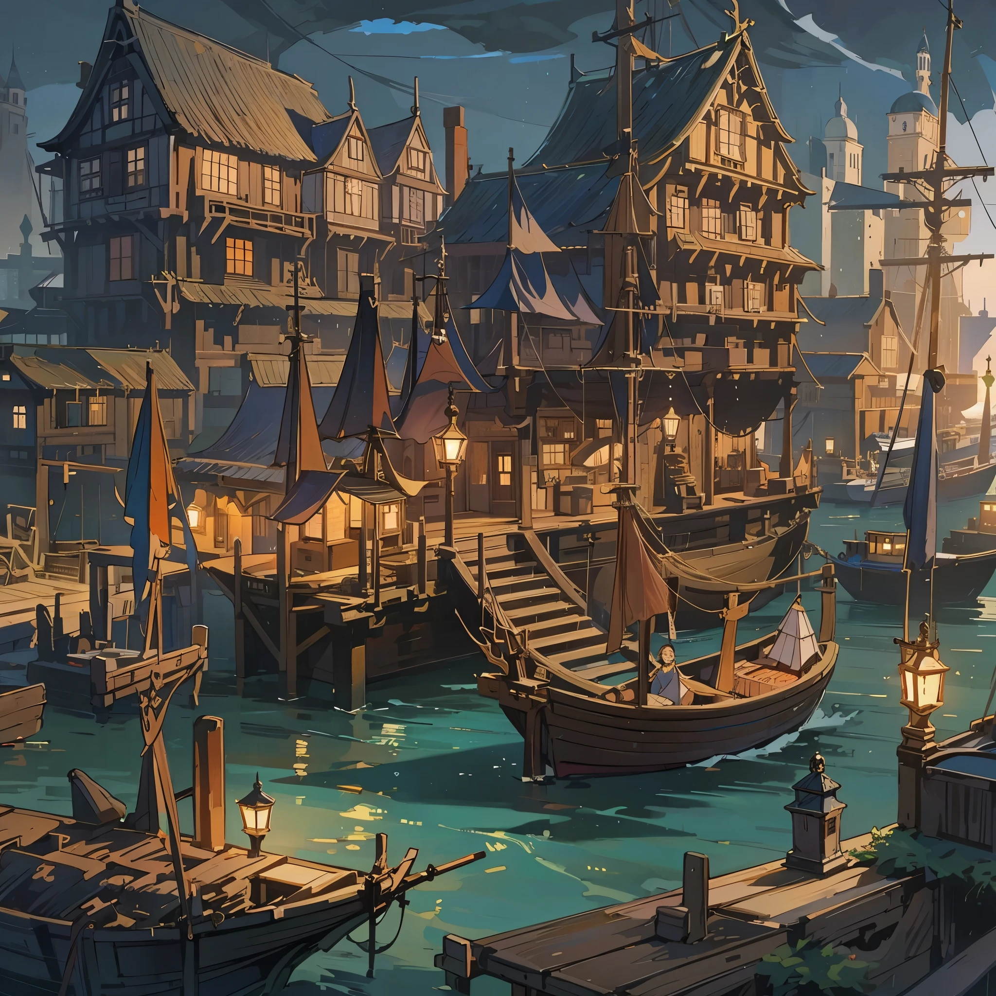 a port(European medieval ports，pier)，There is a dock，There are boats，There is a big ship，There are many sailors and cargo，The setting is night，brightly lit。Medium shot composition，Panorama pictures，Scene screen，game concept art style，Anime illustration style，Marker style，HD，4K。