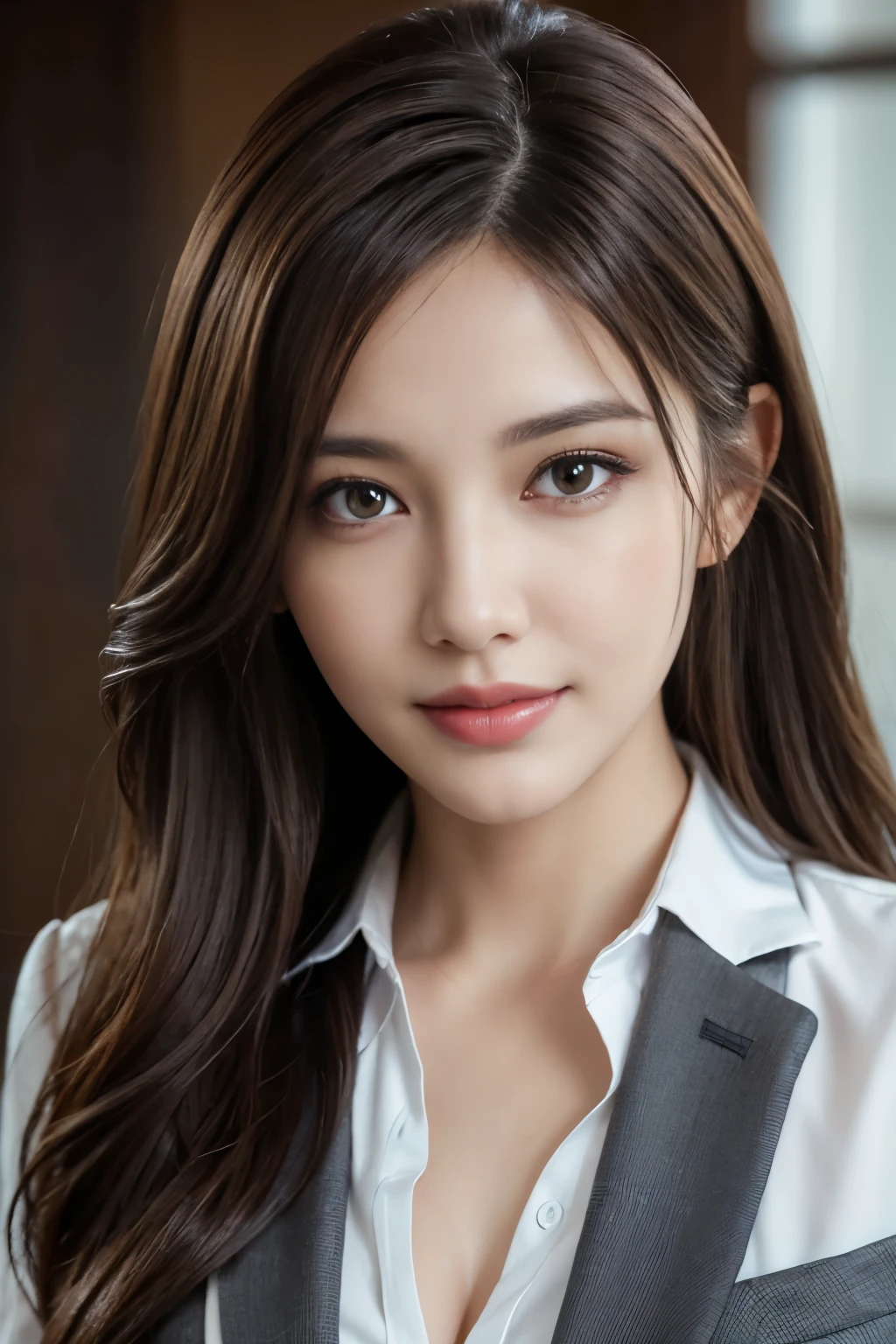 table top, highest quality, realistic, Super detailed, finely, High resolution, 8k wallpaper, 1 beautiful woman,, light brown messy hair, wearing a business suit, sharp focus, perfect dynamic composition, detailed and beautiful eyes, fine hair, Detailed and realistic skin texture, smile, close-up portrait, model body shape