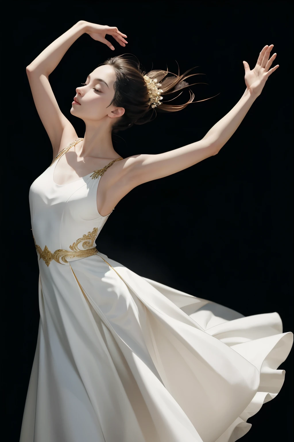 The image captures a moment of pure elegance and grace. The subject, a young woman, is in the midst of a dance, her body poised in a dynamic pose that suggests movement and energy. She is adorned in a white dress, its gold accents adding a touch of sophistication. The dress, with its flowing skirt, is a testament to the fluidity of her dance.

Her arms are raised, mirroring the upward motion of her dance, and her eyes are closed, indicating a moment of intense concentration or perhaps a moment of pure joy. The sunlight streaming in from the side casts a warm glow on her, highlighting her features and adding depth to the image.

The background is a stark contrast to the subject, with its dark and muted colors, allowing the viewer's attention to remain focused on the woman and her dance. The overall composition of the image, with its careful balance of light and shadow, color and contrast, creates a visually striking scene that captures the essence of grace and beauty in motion.