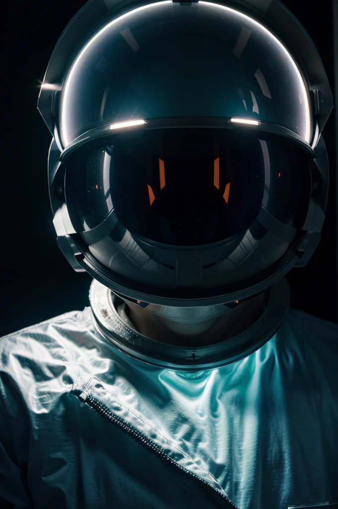 A close-up photo of an astronaut in a glowing suit made of plasma, as if the galaxy is inside of it, putting on their helmet, but you can't see their face because of the visor, realistic, film stock, bright colors"