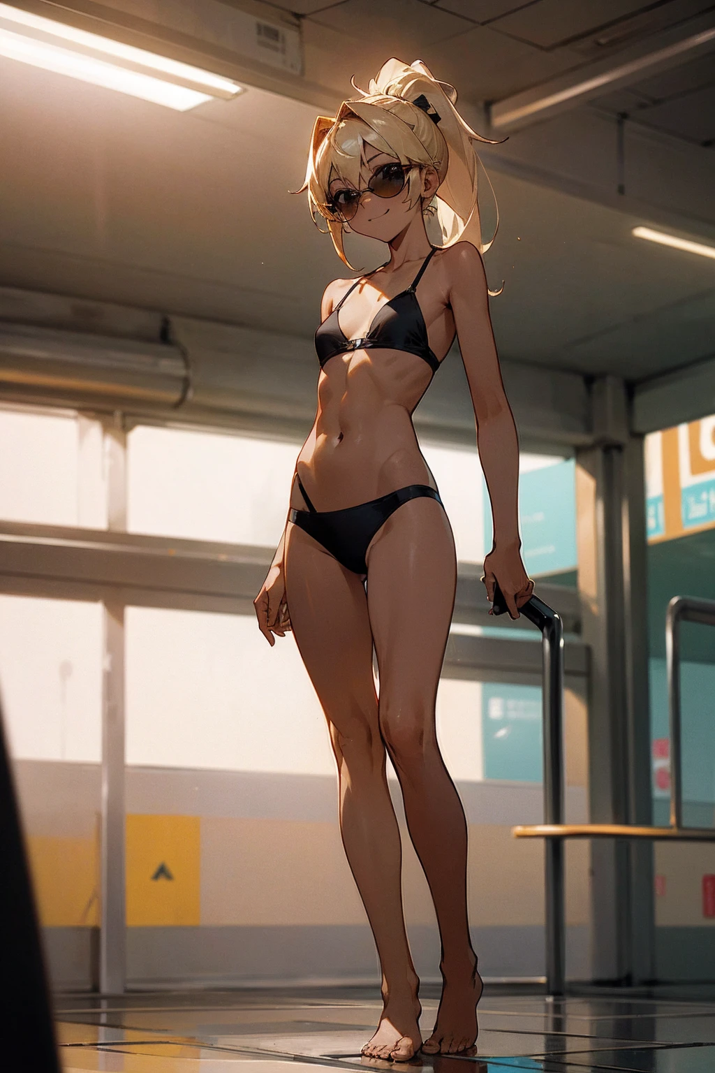 masterpiece,highest quality,official art,Highly detailed CG Unity 8K wallpaper,one cute tanned girl,toned body,black bra,black bikini,Flat chest,Navel exposed.,toned body,barefoot,私inside the subway,ponytail,blonde,wearing sunglasses,smile,smiling face,face is turning red,Empty-handed,Sunlight hits,light is reflected on the skin,standing in the car,((Ultra Wide Angle Photography)),((straighten your legs)),The entire body fits compactly in the center,full body,Many people々