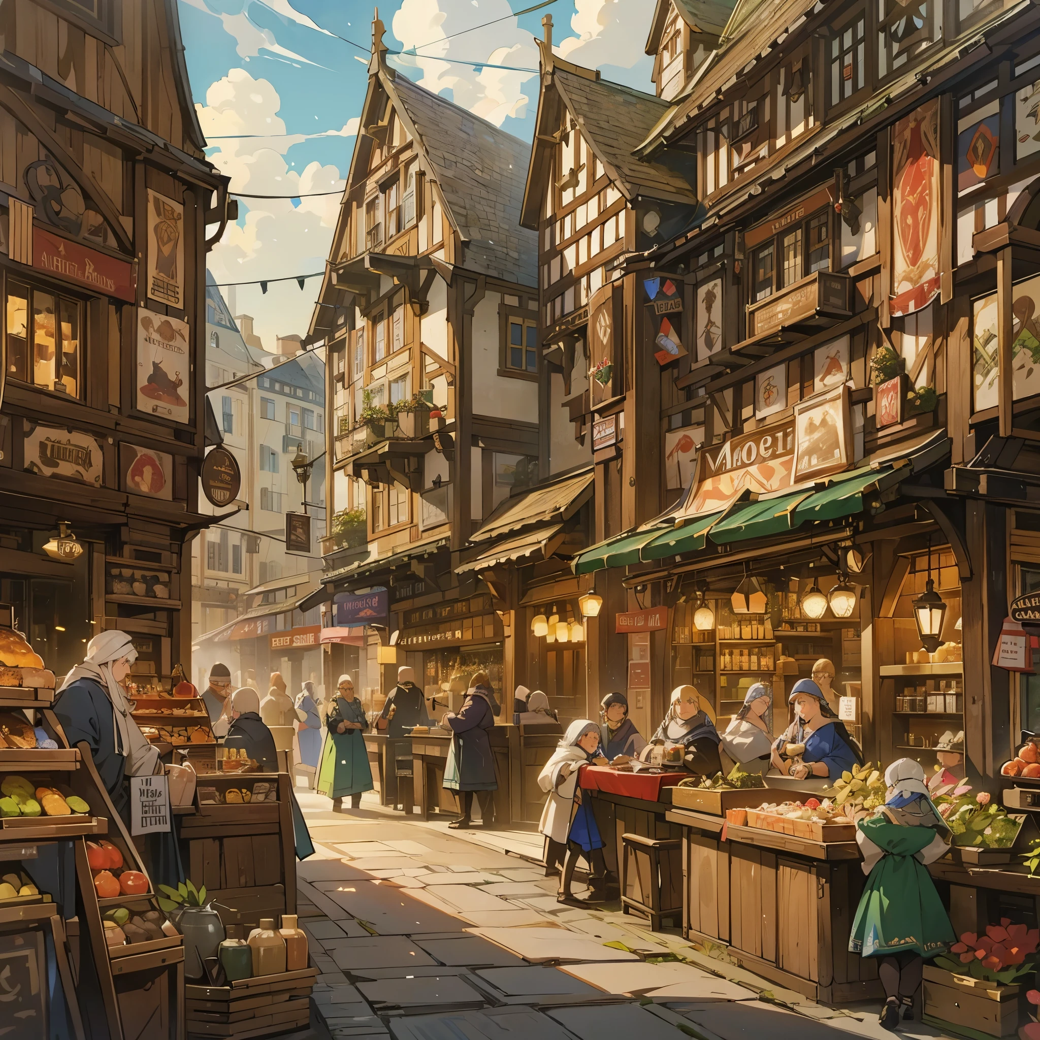 One market(European medieval market，market)，There is a pub，There is a hotel，There are various shops，There are various goods，lively street。Medium shot composition，Panorama pictures，Scene screen，game concept art style，Anime illustration style，Marker style，HD，4K。