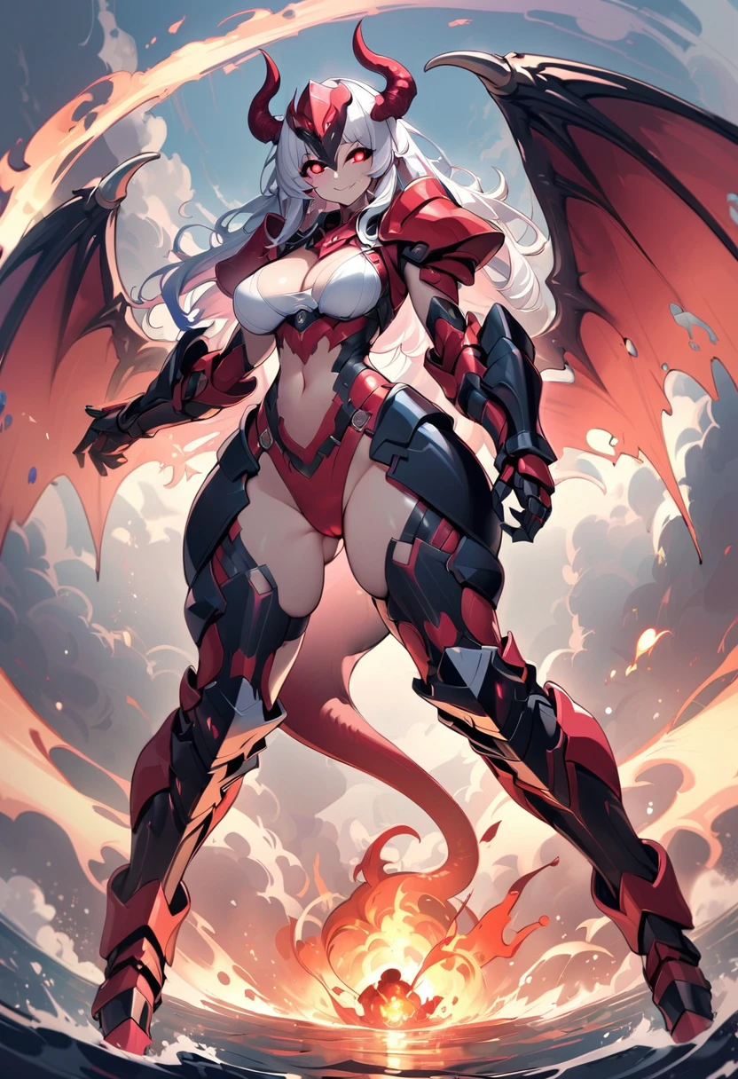 8k_wallpaper, extremely detailed eyes, extremely detailed body, (large masterpiece digital art), (detailed manga illustration), (detailed line art), ((perfect anatomy)), (intricate details:1.3), (ultra-detailed:1.3), (illustration:1.3), (sharp focus:1.3), (natural lighting:1.05), (vivid colors:1.3), (masterpiece), (best quality:1.4), (perfect anatomy:1.4), high quality, expressive eyes, full body, detailed face, beautiful face, perfect face, 1girl, (red skin), black sclera, smile, colored sclera, breasts, solo, monster girl, white hair, demon, wings, tail, boots, thighhighs, eyes, glowing, burning, explosionmagic, smoke, excessive energy, full armor, (armor), helmet, heavy armor, halberd