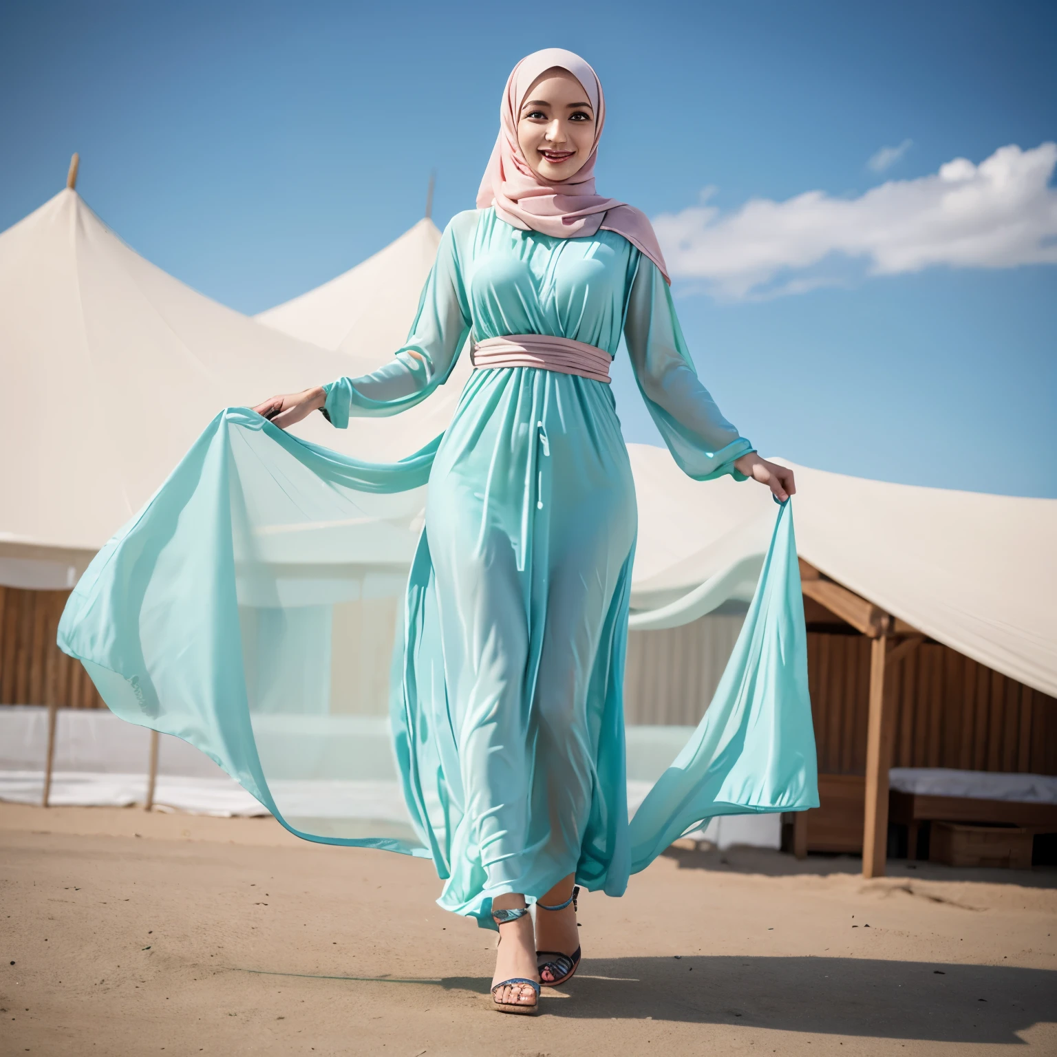 (Best quality, high resolution, masterpiece: 1.3), Beautiful Javanese woman in hijab, slim figure, facial and skin texture details, large details, eye details, double eyelids, green eyes, long legs, HDR, 8k resolution, nice fingers, brown skin, (((high detailed skin, visible pores))), 1 woman, tall, standing next to the table, large breasts wearing a hijab and pastel colors Transparent silk long dress, transparent Muslim Arabic robe, effect of waving in the wind, detail whole body, beautiful smile, perfect details wearing high heel sandals