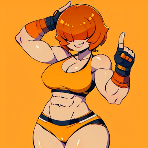 By bebebebebe ,High quality,Female ,((,hair covering eyes,fluffy hair,short hair,Confident smile,(breasts),solo,orange hair,toned, yellow gym bra,panties,green EarrIngs,5 Fingers.