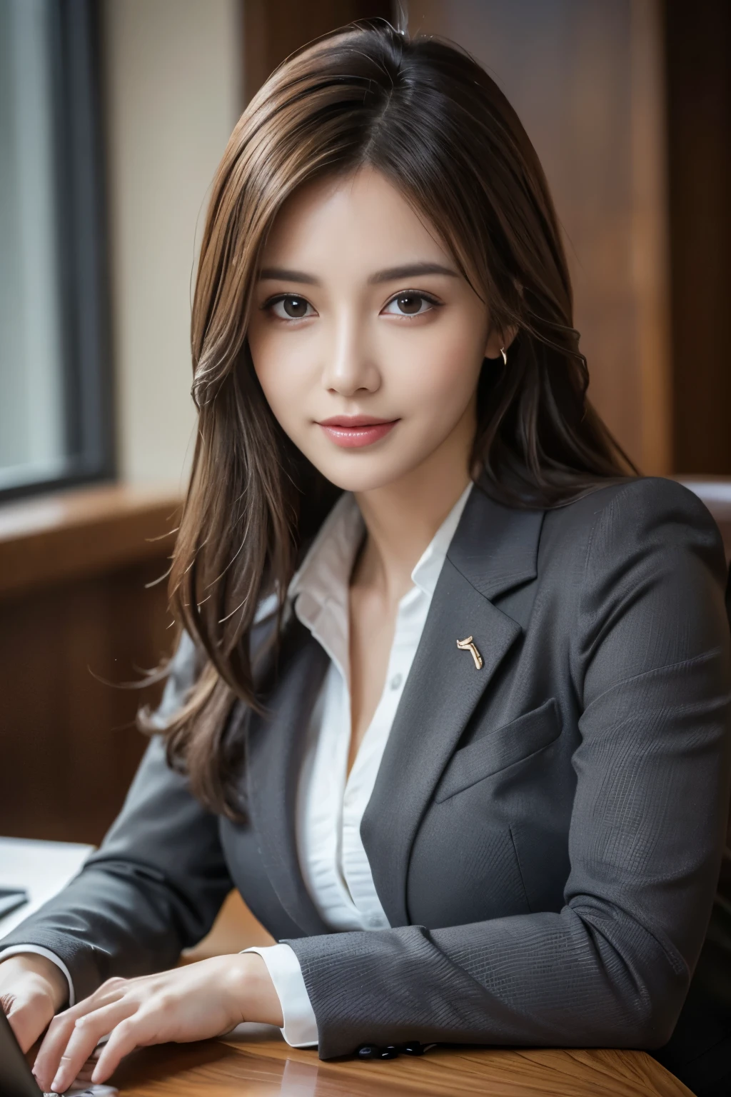 table top, highest quality, realistic, Super detailed, finely, High resolution, 8k wallpaper, 1 beautiful woman,, light brown messy hair, wearing a business suit, sharp focus, perfect dynamic composition, detailed and beautiful eyes, fine hair, Detailed and realistic skin texture, smile, close-up portrait, model body shape