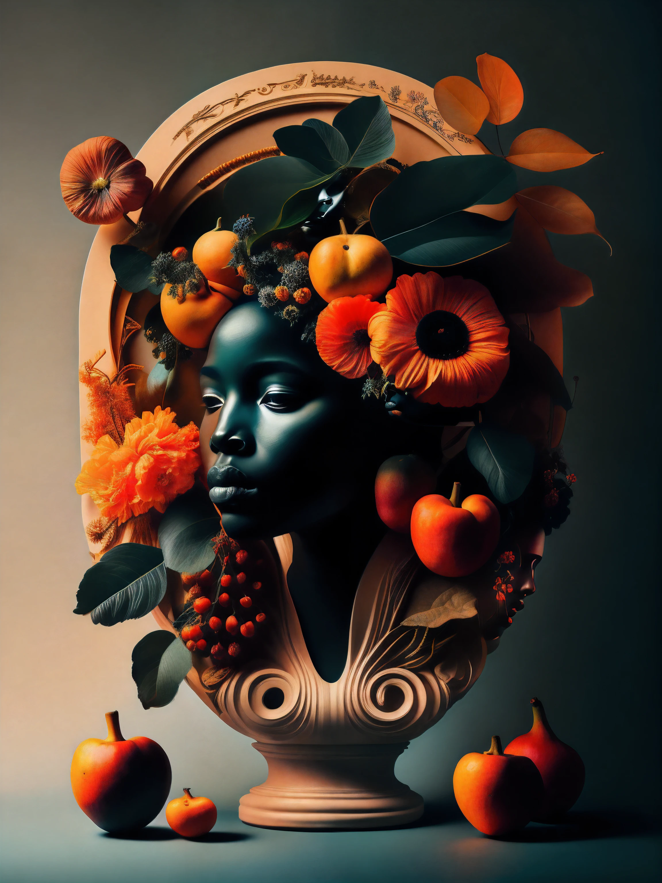 a painting of a woman's head surrounded by flowers and fruit