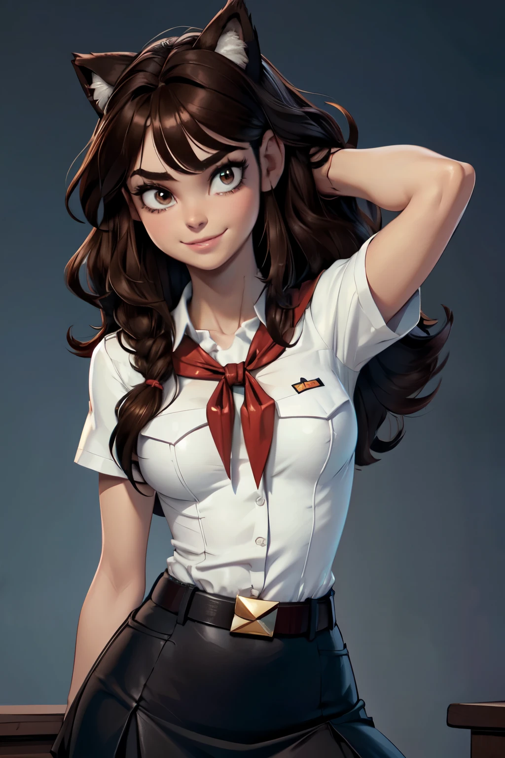 (young girl:1.4), very young slim fit girl, at full height, rounded face, snub nose, (very long disheveled dark brown hair:1.4), big brown eyes, shy smile, (perfect flat breast:1.3), band on head with fake cat ears, parororo, pioneer neckerchief, blue thight microskirt, bangs, shirt, collarbone, white shirt, short sleeves, collared shirt, belt, neckerchief, eyelashes, red neckerchief, breast pocket, narrow shoulders and hips, slim waist, 3dmm