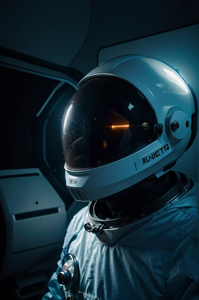 A close-up photo of an astronaut in a glowing suit made of plasma, as if the galaxy is inside of it, putting on their helmet, but you can't see their face because of the visor, realistic, film stock, bright colors"