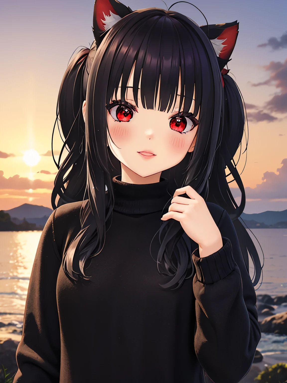 obra maestra,of the highest quality,high resolution ,1 chica,rapid eye movement, re cero, ,((long hair slightly wavy slightly past the shoulders, black bangs, small black pigtails on the sides, cute cat ears, beautiful thin red eyes)),,pechos grandes,piel blanca,((sweater,transparente)),((raya)),((sweaterのみ)),bolsas debajo de los ojos,sonrisa,orejas de animales,Chemomimi,felicidad,hombros descubiertos,magnificent々nuevo,lindo,((lindo paisaje))