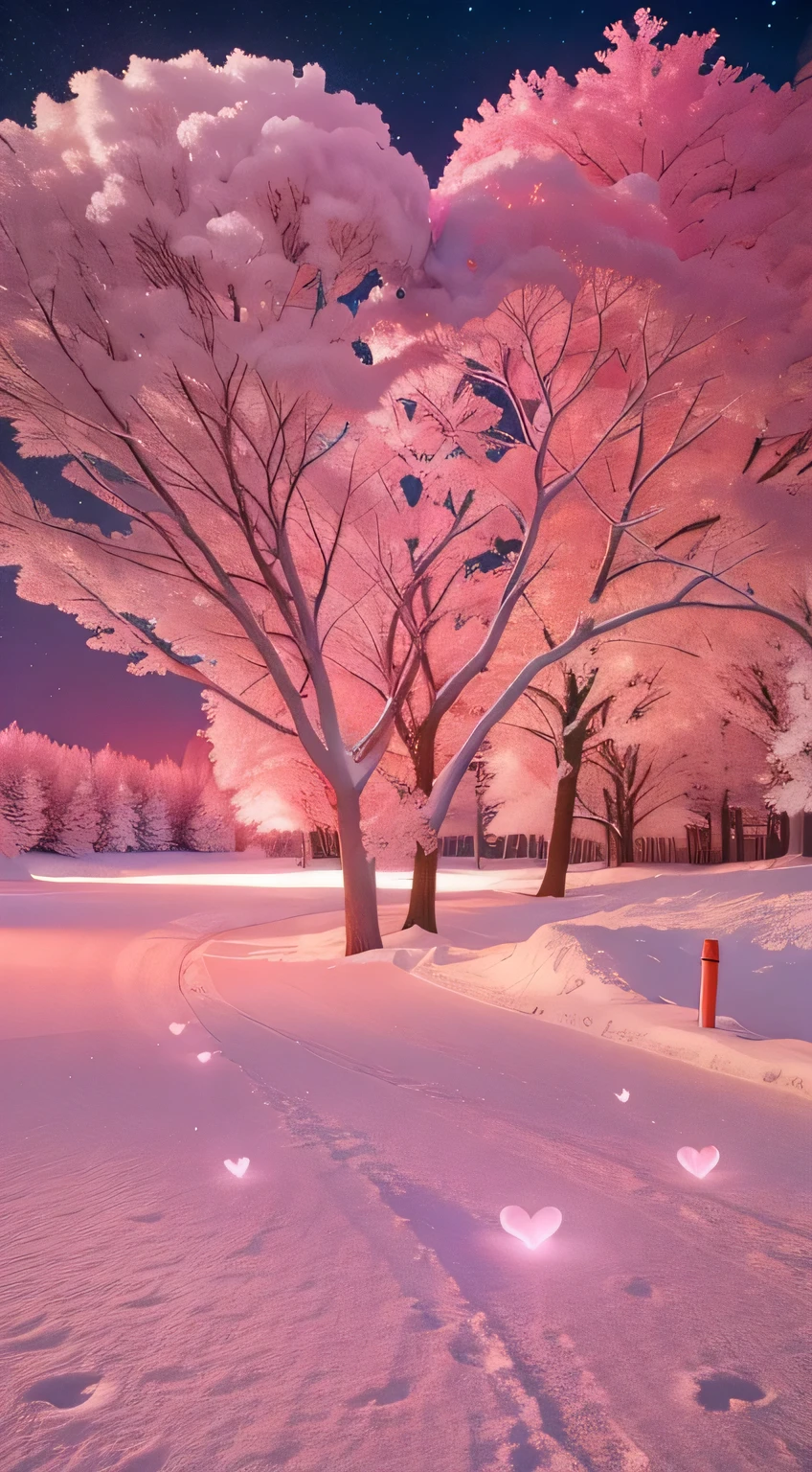 There is a heart-shaped tree in the middle of the snowy road, breath-taking beautiful trees, breath-taking beautiful trees, Pink soft light 4K, glowing snow, Beautiful images ever created, cotton candy trees, pink trees, beautiful cinematography, absolutely outstanding image, stunning cinematography, snow glow, Infrared photography, pink hues, great great essay