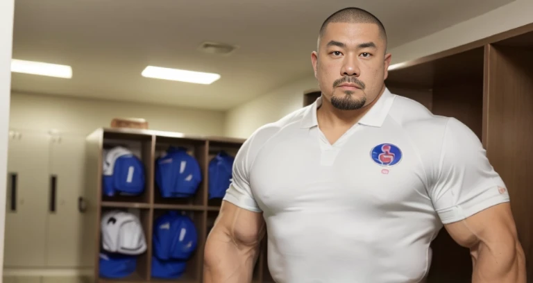 (football uniform:1.2), (inside club locker room:1.2), Japanese man, Chinese man, Korean man, Taiwanese man, manly face, (round face:1.2), (monolid eyes:1.2), (buzz cut:1.4), very large and strong body, bulging muscles, very large pectoral muscles, muscular arms, muscular abs, muscular legs, muscular back, brightens oily skin, master piece, realistic, panorama, distant view