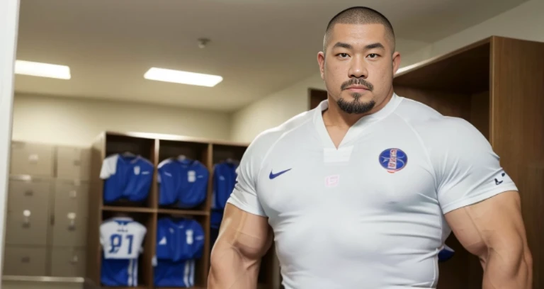 (football uniform:1.2), (inside club locker room:1.2), Japanese man, Chinese man, Korean man, Taiwanese man, manly face, (round face:1.2), (monolid eyes:1.2), (buzz cut:1.4), very large and strong body, bulging muscles, very large pectoral muscles, muscular arms, muscular abs, muscular legs, muscular back, brightens oily skin, master piece, realistic, panorama, distant view