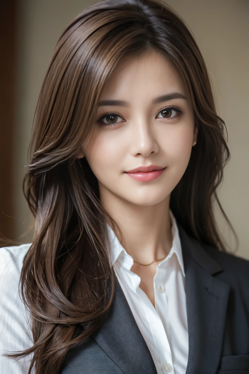 table top, highest quality, realistic, Super detailed, finely, High resolution, 8k wallpaper, 1 beautiful woman,, light brown messy hair, wearing a business suit, sharp focus, perfect dynamic composition, detailed and beautiful eyes, fine hair, Detailed and realistic skin texture, smile, close-up portrait, model body shape