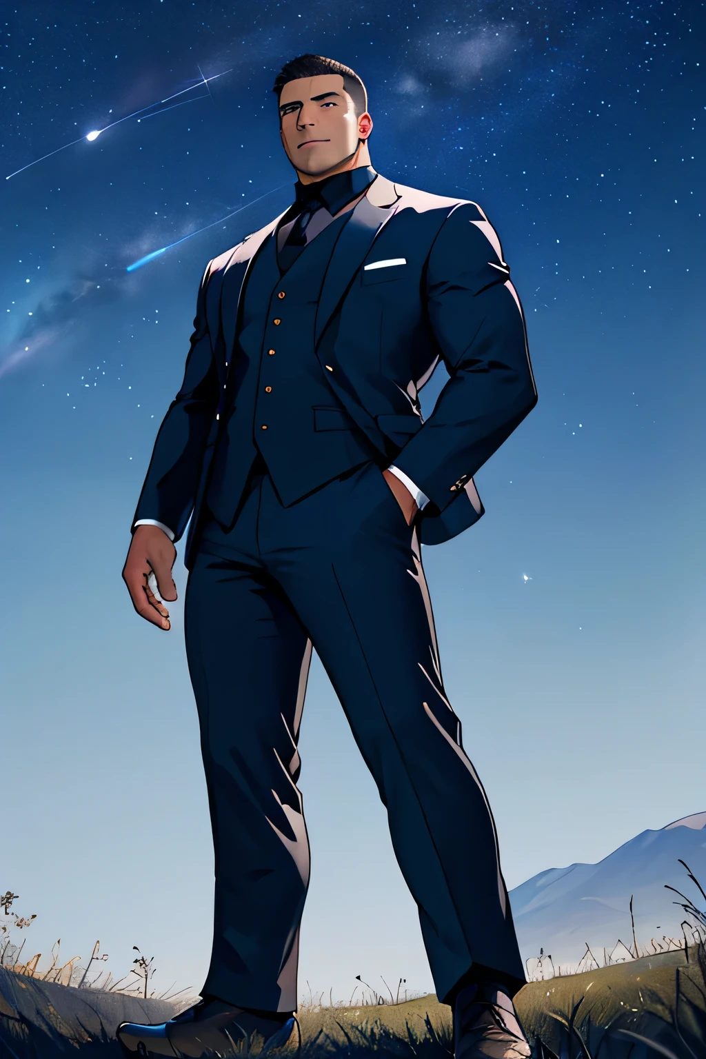 Draw a full-fledged footballer，Standing on the steppe at night，He wears a fancy suit，The man looks confident and determined，looking-down，Crew cut，full bodyesbian，Stars dot the sky，shooting from below，Big moon highlights background
