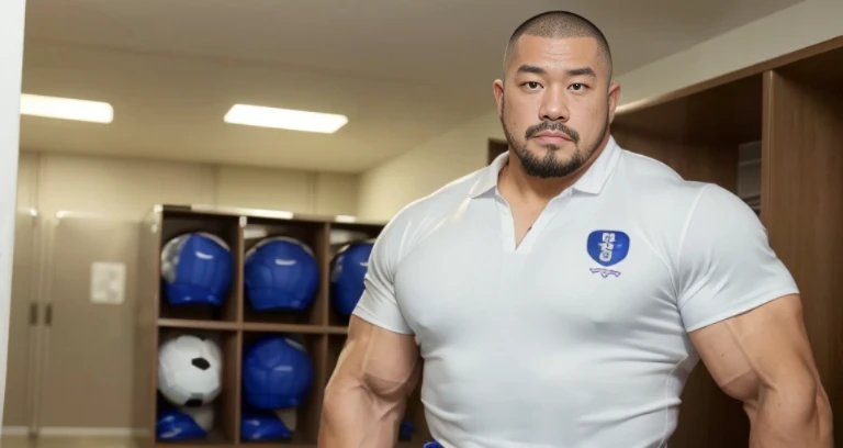 (football uniform:1.2), (inside club locker room:1.2), Japanese man, Chinese man, Korean man, Taiwanese man, manly face, (round face:1.2), (monolid eyes:1.2), (buzz cut:1.4), very large and strong body, bulging muscles, very large pectoral muscles, muscular arms, muscular abs, muscular legs, muscular back, brightens oily skin, master piece, realistic, panorama, distant view