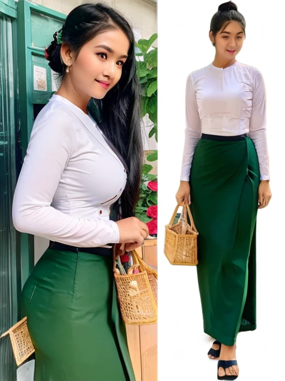 A school Teacher is walking on the street in Yangon.A school teacher is Tall, thin, big hips, big breasts, black hair, small lips, brown eyes, attractive, 8K.Top=white Burmese blouse,With long sleeves,Buttoned at the side.Bottom=(Dark green) long skirt.
Footwear=female Burmese sandals,The hair is knotted bun.
