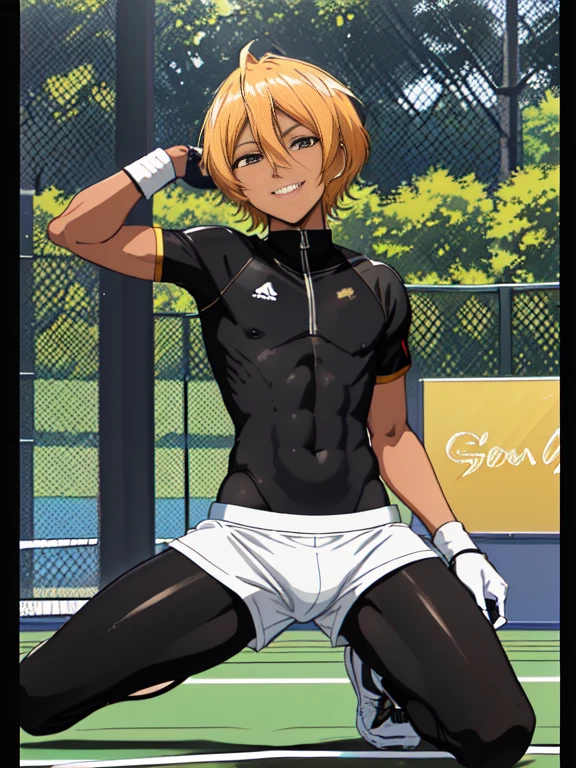 official art,anime screen cap、anime style etc..,Ultra-thin illustration, High resolution, pieces fly, 最high quality,最high quality,high quality, be familiar with,  ( boy),12 yeaung tennis idol with a super cute face.,beautiful boy、 Standing, Cool handsome face with a smile, blue soccer cleats, long legs, thighs, foot, bulge, (((golden hair、short hair,)))、 shiny hair, boy with sharp eyes, (Tennis tight shiny top and bottom separation training bodysuit), (tight soccer shorts), lawn area, cool pose, (太いthighs,big ass),(((Tennis court in the park)))、((Saucy、))、grin and laugh、spread your legs,Ultra-fine painting, (最high quality, In 4K, 8K, High resolution, pieces fly:1.2),(((Being aware of the sexual gaze of middle-aged gay men)))、service shot、((be familiar withな目:1.2))、(((black skin)))