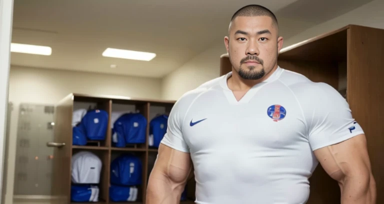 (football uniform:1.2), (inside club locker room:1.2), Japanese man, Chinese man, Korean man, Taiwanese man, manly face, (round face:1.2), (monolid eyes:1.2), (buzz cut:1.4), very large and strong body, bulging muscles, very large pectoral muscles, muscular arms, muscular abs, muscular legs, muscular back, brightens oily skin, master piece, realistic, panorama, distant view