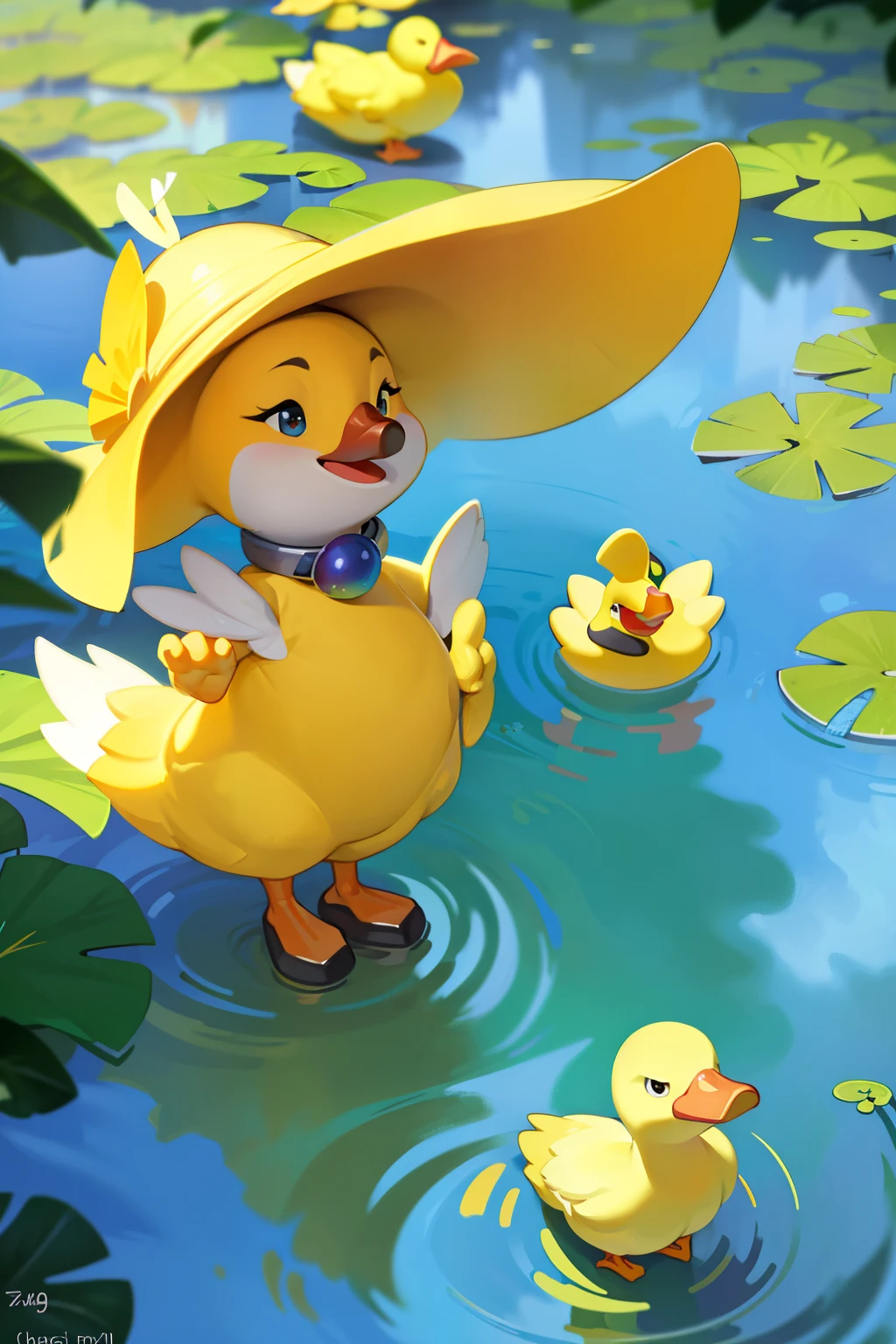 A charming and adorable cartoon yellow duck, its vibrant feathers glistening under the sun, waddles confidently in front of a pond. With a playful expression on its face, it holds a tiny rubber ducky in one webbed foot, while with the other foot, it playfully kicks the water, creating gentle ripples. The duck's eyes twinkle with mischief and happiness, and its soft quack echoes through the peaceful morning air. This captivating image is a true masterpiece, showcasing the best qualities of cartoon art, with the utmost attention to detail.