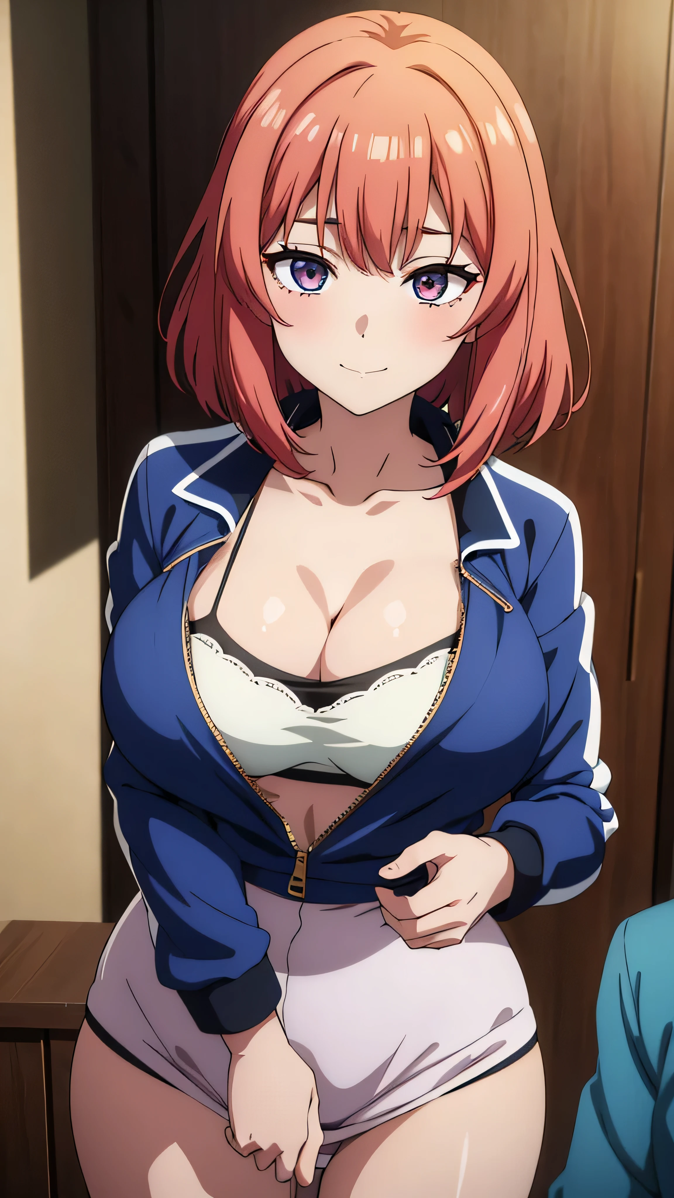 (((masterpiece))),fuyumi itadori, Anime girl characters, 1girl, solo, looking at viewer, medium hair long sleeves, cleavage, bigger breasts, closed mouth, collarbone, jacket, open clothes, open jacket, blue jacket, ground vehicle, sports bra, tall girl, horny, big ass, beautiful face,Charming,  anime visual of a cute girl, screenshot from the anime film, & her expression is solemn, ahegao face, in the anime film, in an anime, anime visual of a young woman, she has a cute expressive face, still from anime, perfect breasts, she is tall, All bodies visible, ahegao face, the face is ahegao, she is horny, A perverted face, she so perverted, she smile so perverted, hd picture, 4k quality, details of the face is so good,bigger breasts, 