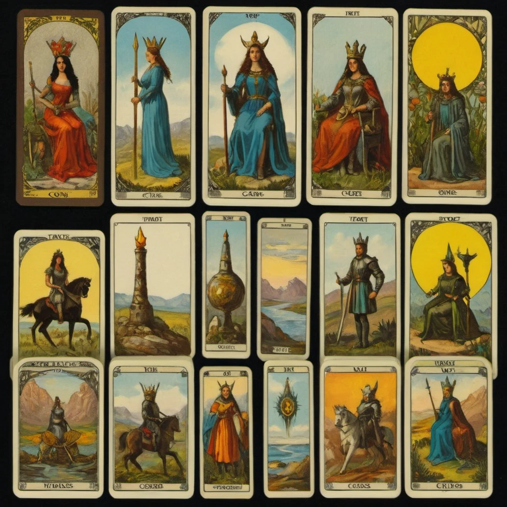Tarot cards, Rider—Waite Tarot style, collage- quatrich 4 images: [page of swords] [King of wands] [queen of cups] [ace of pentacles], stack of cards, aesthetics, protogen, ((best quality, Masterpiece)), ((Highest detail)), RAW:1,1, 8k