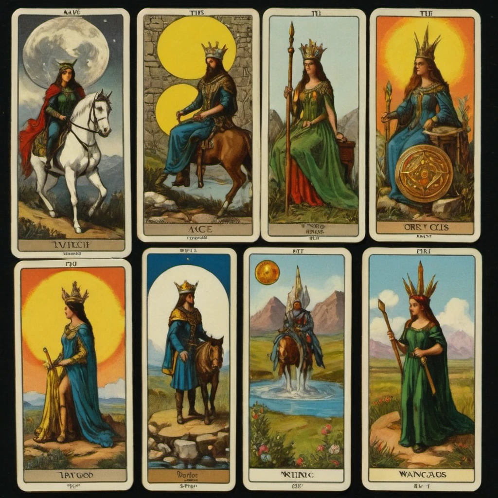 Tarot cards, Rider—Waite Tarot style, collage- quatrich 4 images: [page of swords] [King of wands] [queen of cups] [ace of pentacles], stack of cards, aesthetics, protogen, ((best quality, Masterpiece)), ((Highest detail)), RAW:1,1, 8k