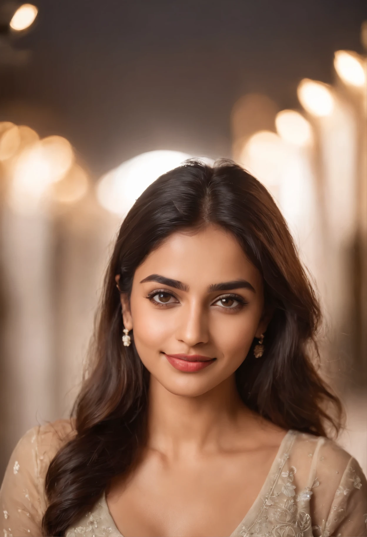 (best quality, high resolution, 4K, masterpiece,((Best Quality, 8k, Masterpiece: 1.3)), a modern Indian woman of Indian origin, selfie, looking at the camera and smiling, approachable, charming, seductive pose, ins style, fashionable dressing style, natural light , life photos, plump