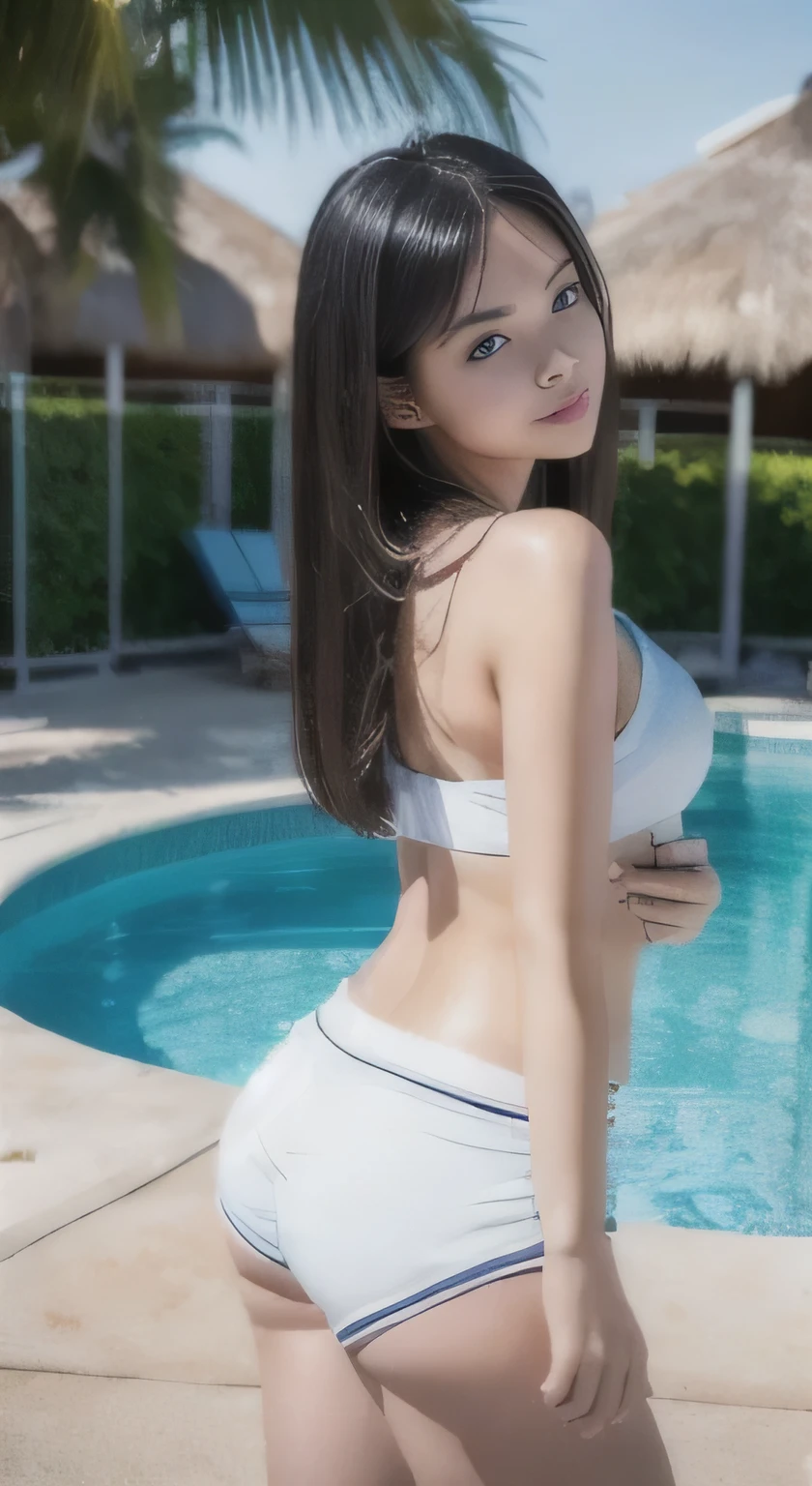 Woman in sweat shorts, Looking back from behind, on the summer beach,  drink mojito, Cute beautiful Japanese women,  highly detailed body, hair blowing in the wind, radiant smile, Well-trained body, dynamite hips 、Shoulder less,(white silver shorts:1.2), (highest quality、8K、32k、masterpiece、UHD:1.3),(Photoreal:1.4),(Ultra - High resolution),(Super realistic 8kCG),RAW photo, half body shot, beautiful shadow gradation, Poolside, perfect lighting, Beautiful and well-shaped face, beautiful eyes, lip details, double eyelid,