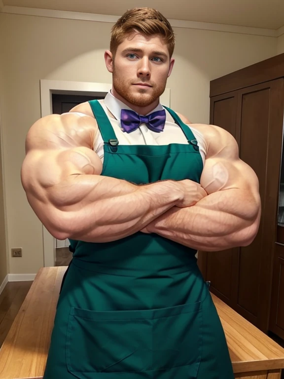ginger daddy with blue/green eyes, very gorgeous man, very handsome man, very beautiful man, very masculine face, bursting with muscles, gigachad muscles, lean but muscular, ripped, proportionally enormous pecs, (crossing arms:1.5), arms crossed, big package bulge, hung, (Muscular:2.0), (defined muscles:1.5), flexed chest, (Huge Bulge:1.3), soft smile, wearing nothing but an apron and a bowtie, Face the mix of Jensen Ackles and Josh Hutcherson on a matured man with a beard, ginger