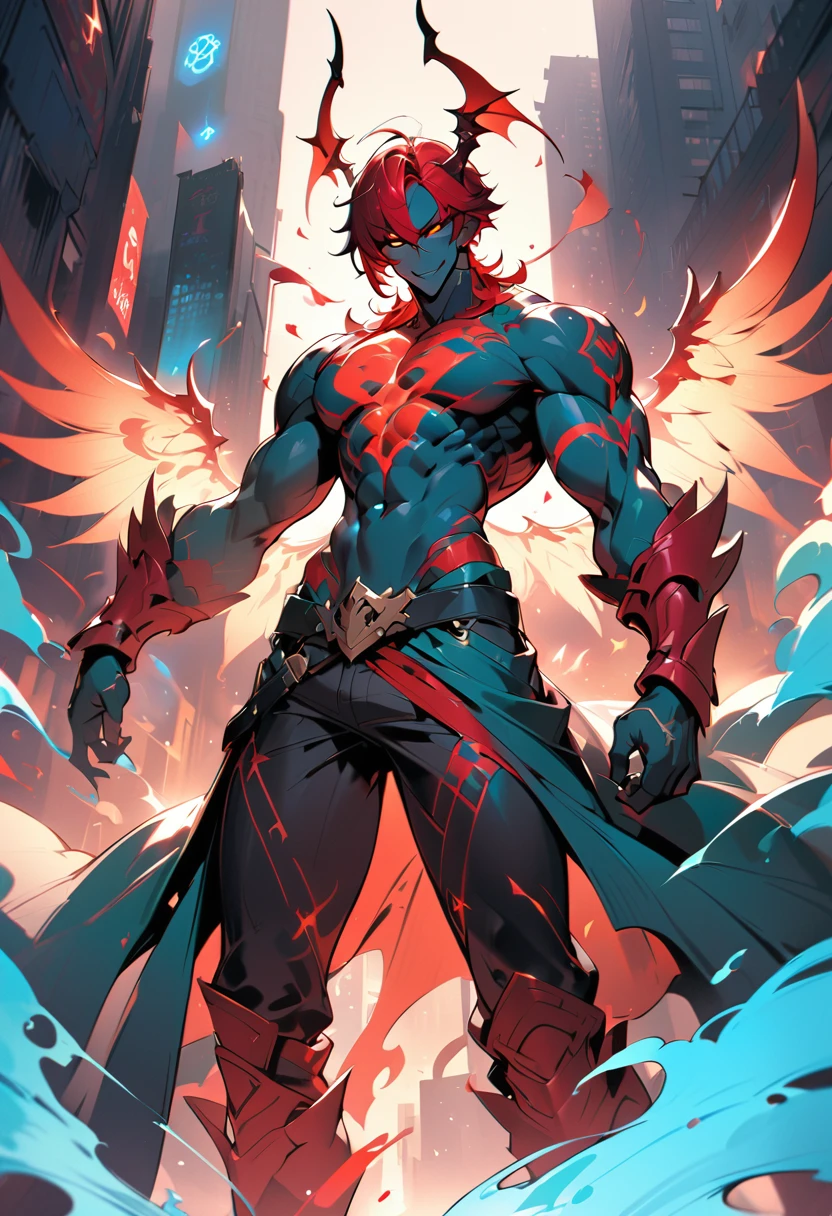 8k_wallpaper, extremely detailed eyes, extremely detailed body, (large masterpiece digital art), (detailed manga illustration), (detailed line art), ((perfect anatomy)), (intricate details:1.3), (ultra-detailed:1.3), (illustration:1.3), (sharp focus:1.3), (natural lighting:1.05), (vivid colors:1.3), (masterpiece), (best quality:1.4), (perfect anatomy:1.4), high quality, expressive eyes, full body, detailed face, beautiful face, perfect face, 1boy, (black skin), glowing runes, smile, colored sclera, muscular, solo, monster boy, red hair, demon, wings, crimson eyes, glowing, burning, smoke, excessive green energy, cleaver, dynamic pose, ruined cityscape, wide shot, glowing runes red, tattered pants, rune tattoos,