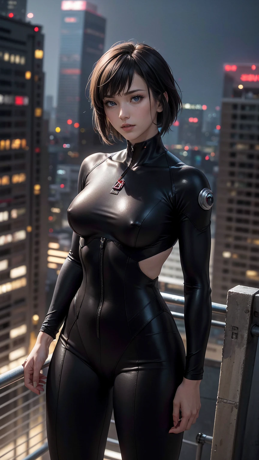 ((最high quality, 8K, masterpiece: 1.3, Ultra HD, high quality, 最high quality, High resolution, realism)) 、Motoko Kusanagi from Ghost in the Shell、slender、Slender, muscular body that's toned like an athlete's、I don't want my head to disappear from the screen.、Accessorize your wrist、Wearing red nail polish、I have a peticure、(high color saturation:1.0), (highly detailed skin), (最high quality:1.0), (超High resolution:1.0) ,(realistic:1.0), (Super detailed:1.0), (8K, Raw photo:1.1), wear a bodysuit、Being on the roof of a skyscraper at night