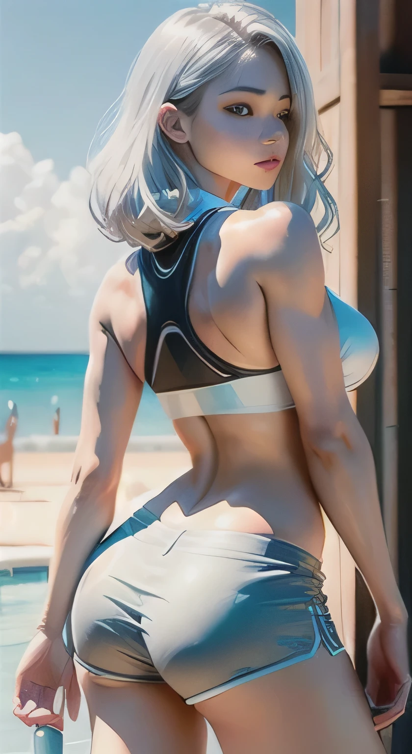 Woman in sweat shorts, Looking back from behind, on the summer beach, drink mojito, Cute beautiful Japanese women, highly detailed body, hair blowing in the wind, radiant smile, Well-trained body, dynamite hips 、Shoulder less,(white silver shorts:1.2), (highest quality、8K、32k、masterpiece、UHD:1.3),(Photoreal:1.4),(Ultra - High resolution),(Super realistic 8kCG),RAW photo, half body shot, beautiful shadow gradation, Poolside, perfect lighting, Beautiful and well-shaped face, beautiful eyes, lip details, double eyelid,