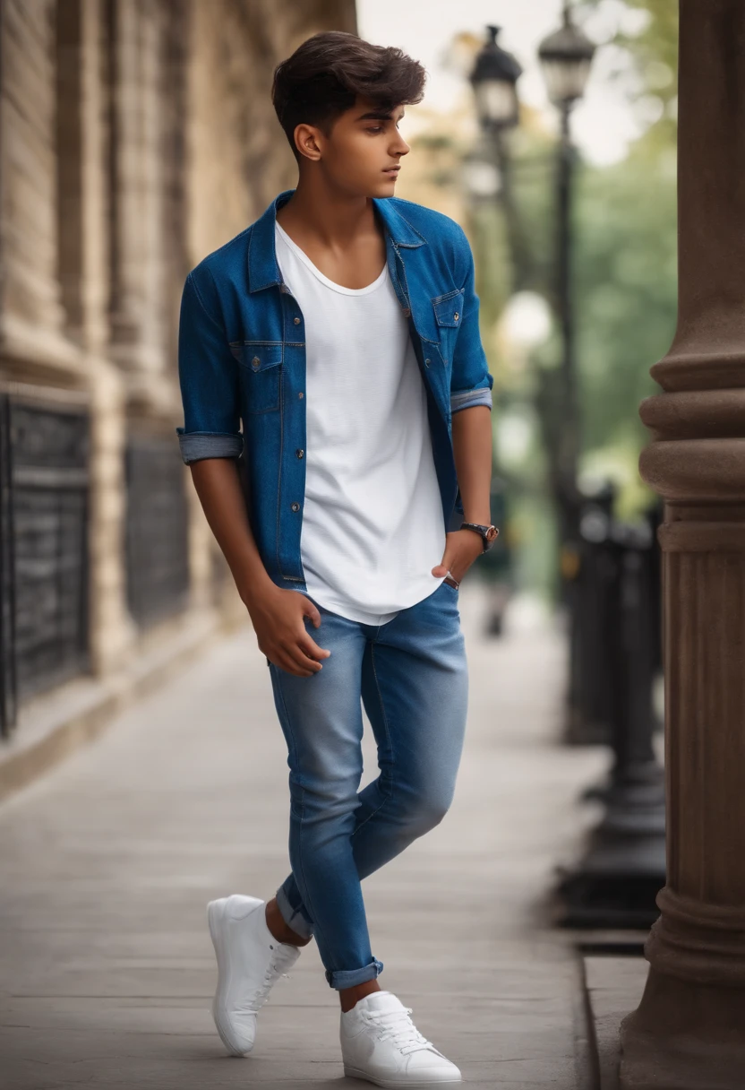 handsome teenager brown boy, realistic, high resolution, in university, wearing blue jeans pent, white branded t-shirt and jogars, wearing bag, decent haircut, black hairs with puff
