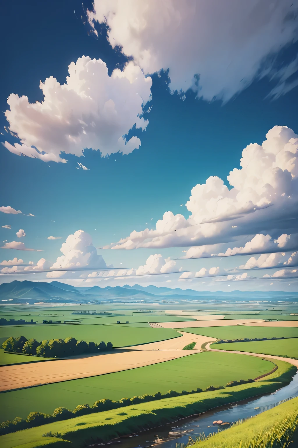 field,Villages in the distance,Blue sky and white clouds,crooked stream,Genre painting,8K,Hand Painted,plain,crops,illustration