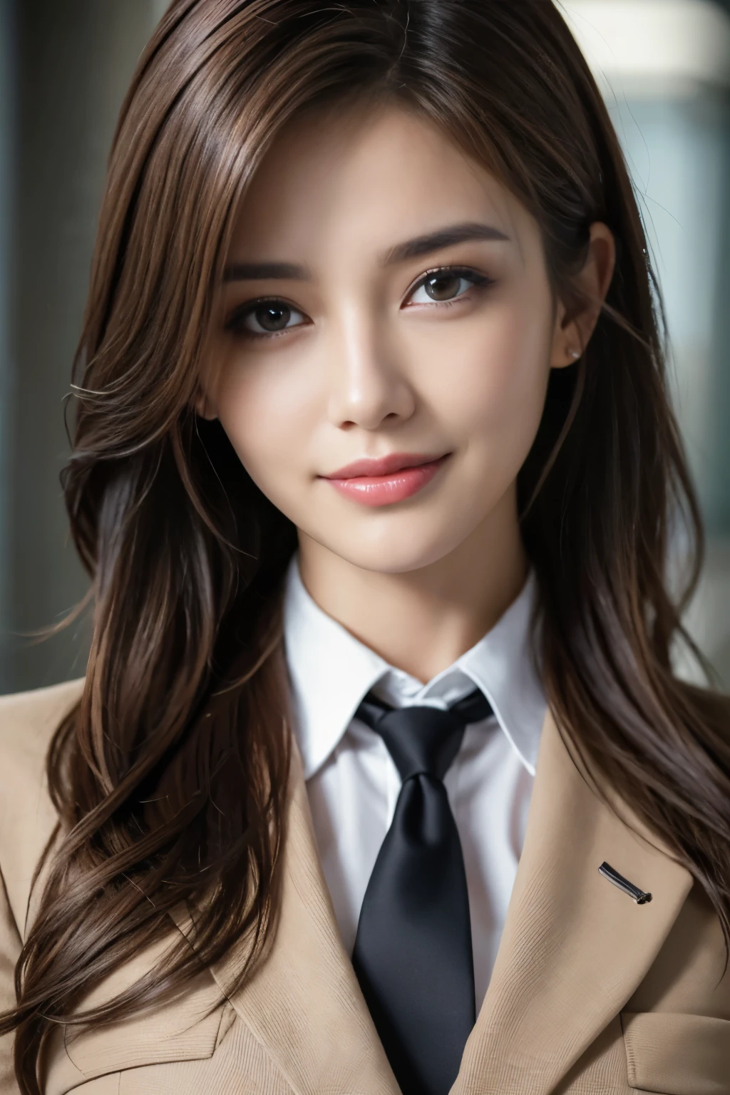 table top, highest quality, realistic, Super detailed, finely, High resolution, 8k wallpaper, 1 beautiful woman,, light brown messy hair, wearing a business suit, sharp focus, perfect dynamic composition, detailed and beautiful eyes, fine hair, Detailed and realistic skin texture, smile, close-up portrait, model body shape