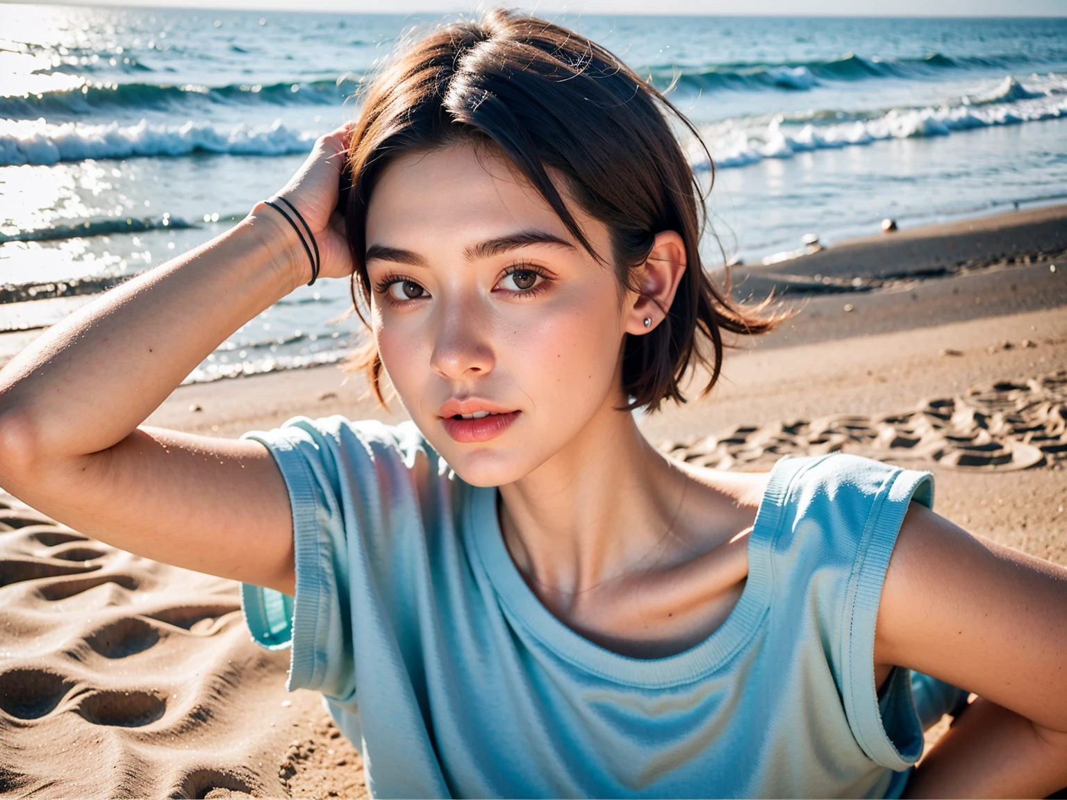 Realistic Photography, Beautiful Young Female ,Short hair ,beach