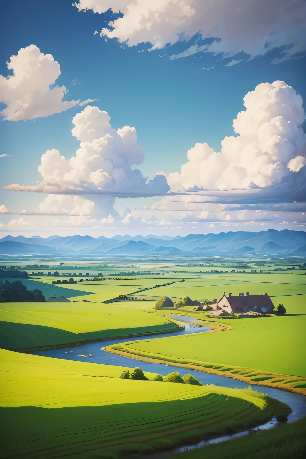 field,Villages in the distance,Blue sky and white clouds,crooked stream,Genre painting,8K,Hand Painted,plain,crops,illustration
