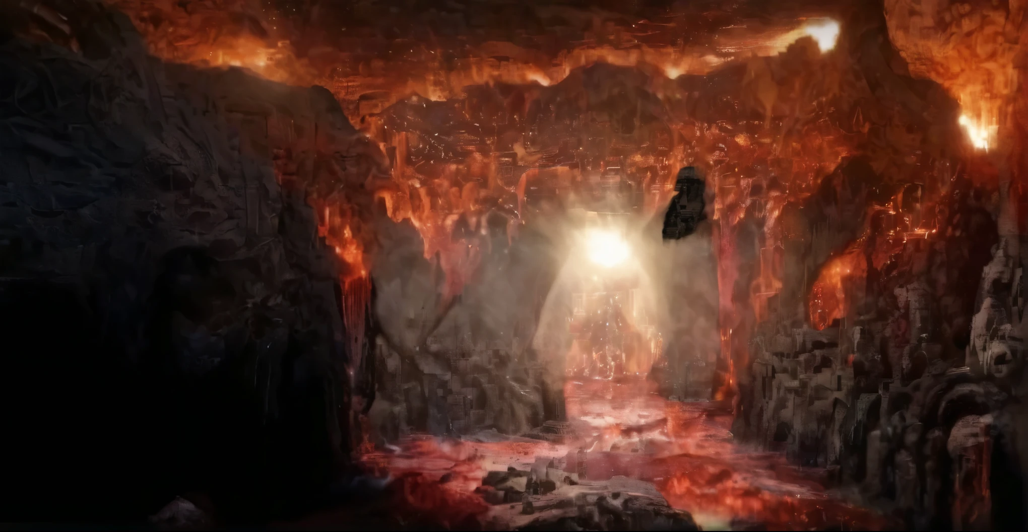 Close-up of a cave with people, Hell&#39;s Blood River, landscape of hell, entrance to hell, Surreal hell, beautiful fantasy cave scene, The Great Door of Hell, hell background, mythical gigantic space cavern, Mouth of Hell, otherworldly visuals, fantasy and cosmic horror films, red glowing lava flow, final battle in hell