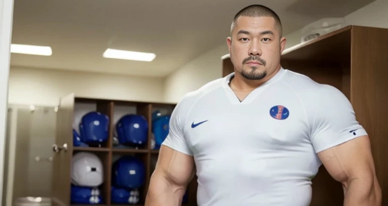 (football uniform:1.5), (inside club locker room:1.2), Japanese man, Chinese man, Korean man, Taiwanese man, manly face, (round face:1.2), (monolid eyes:1.2), (buzz cut:1.4), very large and strong body, bulging muscles, very large pectoral muscles, muscular arms, muscular abs, muscular legs, muscular back, brightens oily skin, master piece, realistic, panorama, distant view