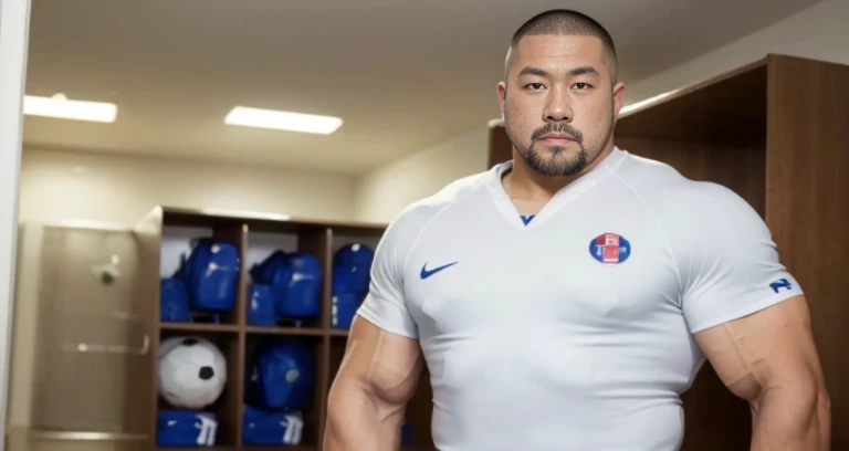 (football uniform:1.5), (inside club locker room:1.2), Japanese man, Chinese man, Korean man, Taiwanese man, manly face, (round face:1.2), (monolid eyes:1.2), (buzz cut:1.4), very large and strong body, bulging muscles, very large pectoral muscles, muscular arms, muscular abs, muscular legs, muscular back, brightens oily skin, master piece, realistic, panorama, distant view