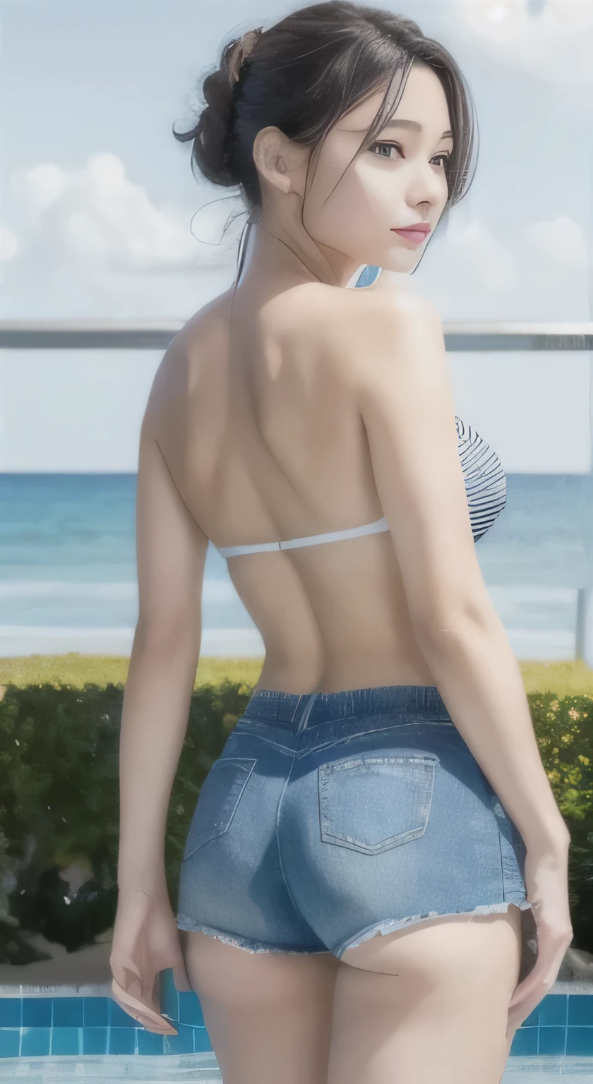 Woman in sweat shorts, Looking back from behind, on the summer beach,  drink mojito, Cute beautiful Japanese women,  highly detailed body, hair blowing in the wind, radiant smile, Well-trained body, dynamite hips 、Shoulder less,(silver shorts:1.2), (highest quality、8K、32k、masterpiece、UHD:1.3),(Photoreal:1.4),(Ultra - High resolution),(Super realistic 8kCG),RAW photo, half body shot, beautiful shadow gradation, Poolside, perfect lighting, Beautiful and well-shaped face, beautiful eyes, lip details, double eyelid,