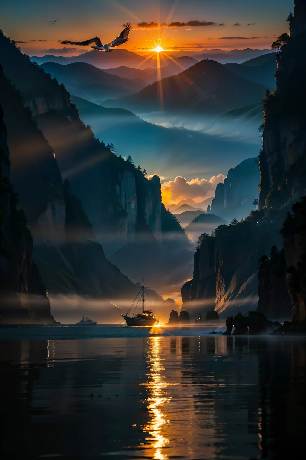 amazing, Cinematic photo masterpiece captures the essence of a stunning sunset scene. The focus of this stunning image is a charming fishing boat，Name "Check out the website" anchored gently near the shore. weathered wood on boat, Decorated with vibrant hues, Telling stories of countless sea adventures. 它的倒影在宁静的water面上优雅地舞动, 死water, Illuminated by the golden rays of the sun. the sun itself, Nestled behind majestic rock outcrops, As the ultimate source for film lighting, Casting warmth, A charming light envelopes the entire picturesque scene. in the distance, Seagulls soar gracefully in the sky, add a touch of tranquility. water, decorated with small, gentle waves, Mirror