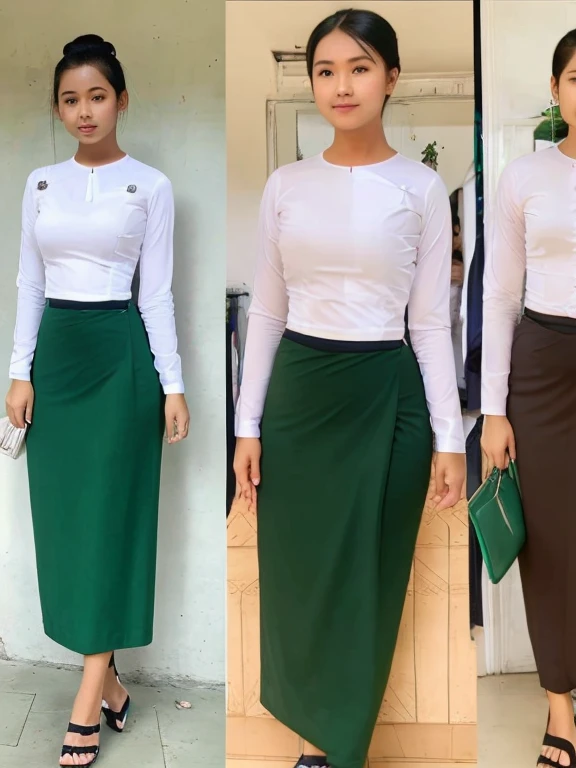 A school teacher is 30years old.Tall, thin, big hips, big breasts, black hair, small lips, brown eyes, attractive, 64K.Top=white Burmese blouse,With long sleeves,Buttoned at the side.Bottom=(Dark green) long skirt.
Footwear=female Burmese sandals,The hair is knotted bun.