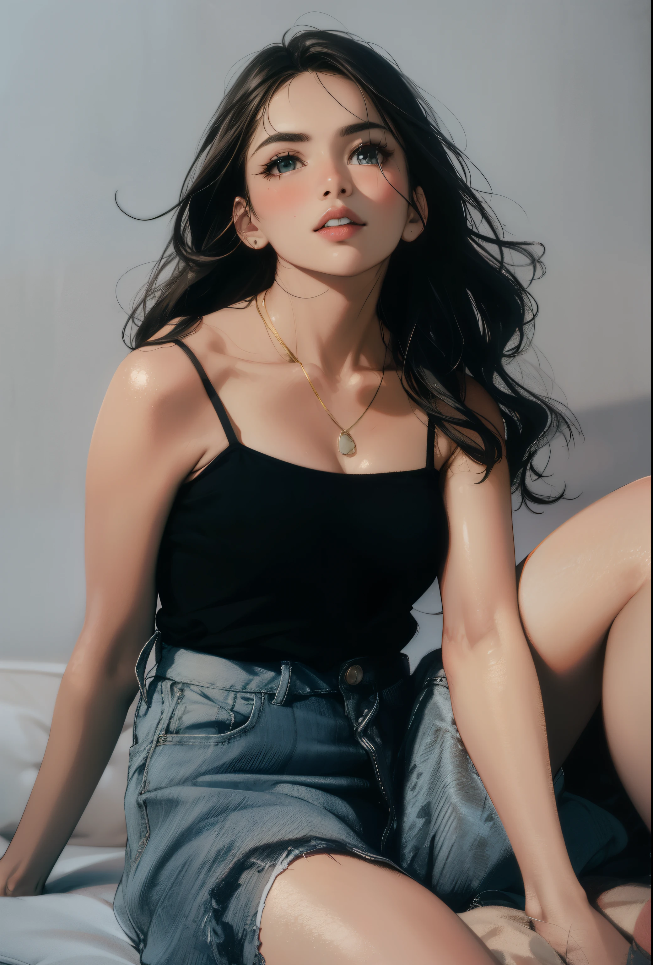 arafed woman sitting on the ground with her legs crossed, she is wearing a black tank top, Portrait of Sophie Mudd, Portrait Emily Ratajkowski, Gemma-chan girl portrait, Gemma-chan beautiful girl, Isabella Moner, gemma chen, Skin care brand photoshoot, wearing a black cropped tank top, wearing a black camisole costume, Gemma-chan, nodded